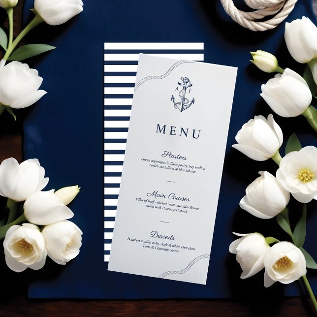 Menú Navío de monograma náutico y de ancla y blanco (Anchor & Rope Nautical Monogram Navy & White Menu)