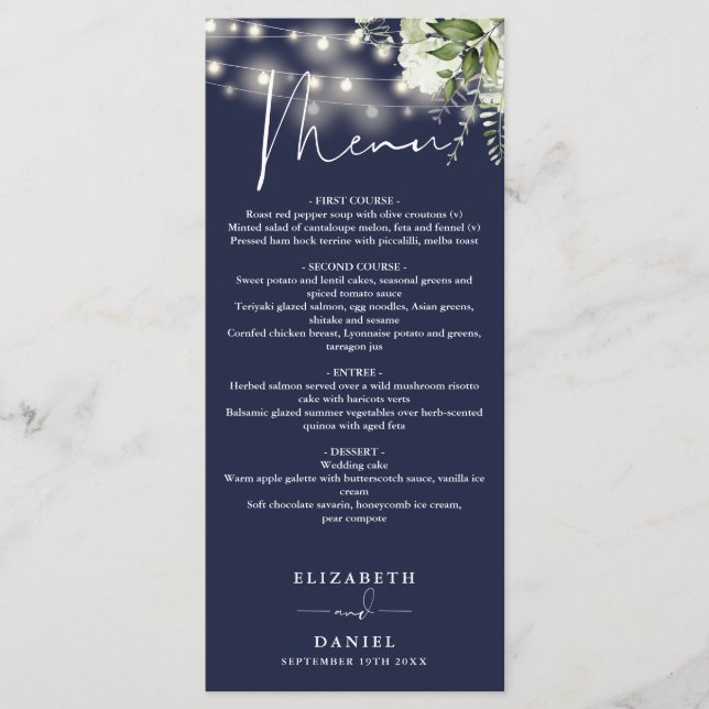Menú Navy Blue Floral String Lights Wedding Dinner (Anverso)