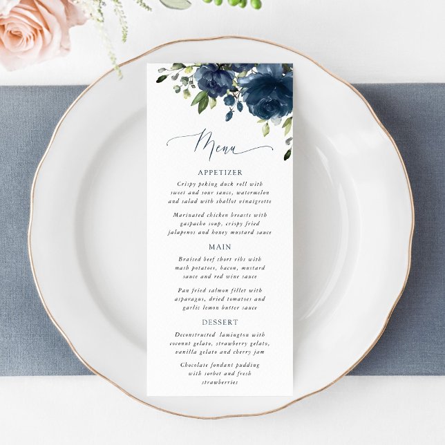 Menú Navy Blue Flowers, Greenery, Boho, Floral Wedding (Subido por el creador)