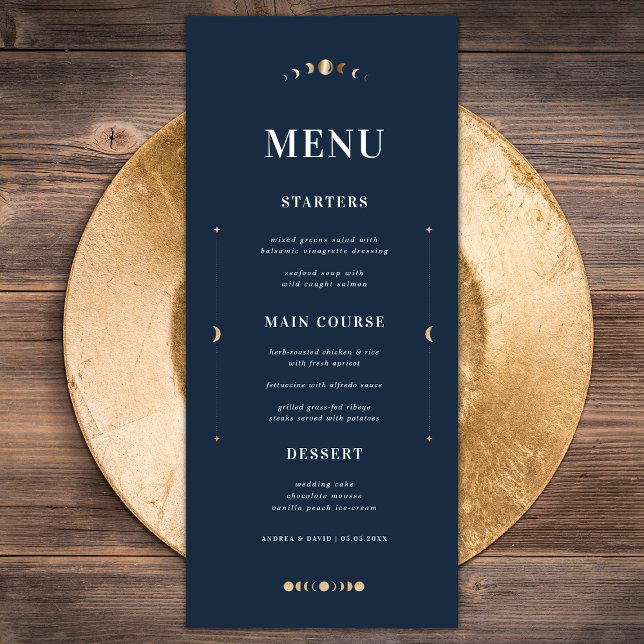 Menú Navy Blue Gold Stars Moon Celestial Wedding Dinner (Subido por el creador)