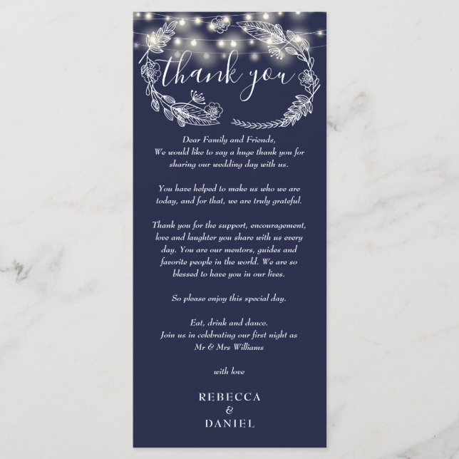 Menú Navy Blue String Lights Gracias Por Colocar Tarjet (Anverso)