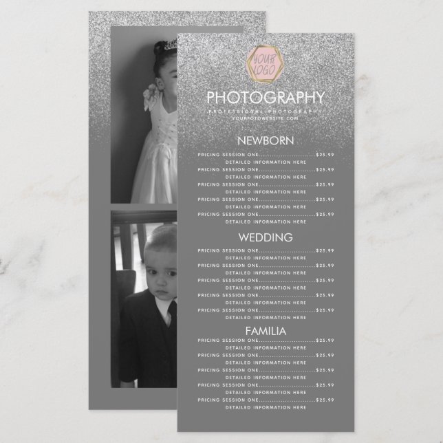 Menú Negocio de Fotografía Logotipo Gris Plata Brillant (Anverso / Reverso)