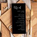 Menú Negro contemporáneo Comamos boda<br><div class="desc">¡Comamos! menú boda o fiesta de recepción. Una tipografía atrevida y de moda para tu papelería boda,  sencilla pero elegante con un tema blanco y negro. Personalizable completo: puede cambiar los colores del tipo de letra y del fondo si es necesario.</div>