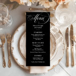 Menú Negro oscuro | Boda clásico de elegancia italiana<br><div class="desc">Estas elegantes cartas de boda negro presentan un estilo clásico de antaño con una caligrafía romántica en blanco. Para la cena, puedes elegir entre entrantes o aperitivos, primer plato, plato o entrante, y postres. Decore el tono de su sofisticada y lujosa recepción de bodas o cena de ensayo inspirada en...</div>