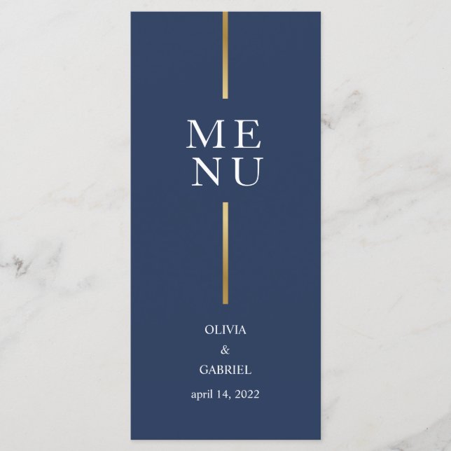 Menú Negro y blanco dorado. Boda azul moderno (Anverso)