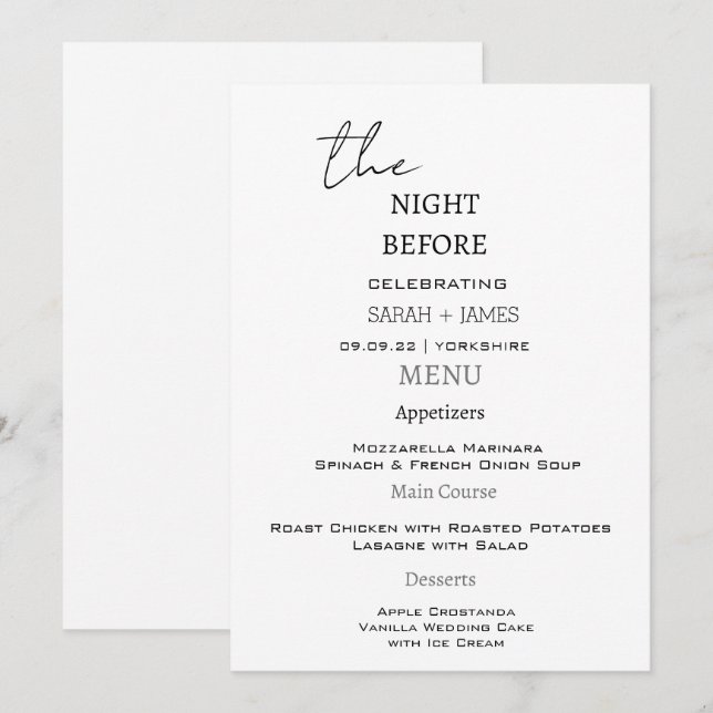 Menú Negro y blanco moderno la noche antes del Boda (Anverso / Reverso)