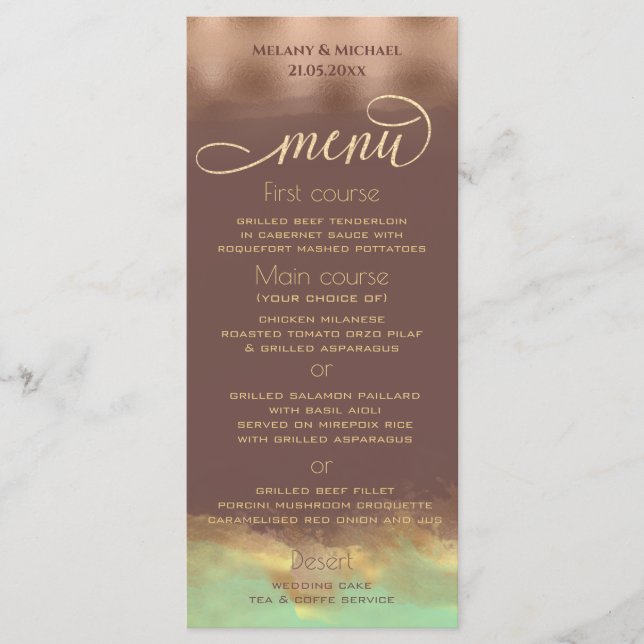 Menú Neo menta canela rosa oro Relieve metalizado acuar (Anverso)