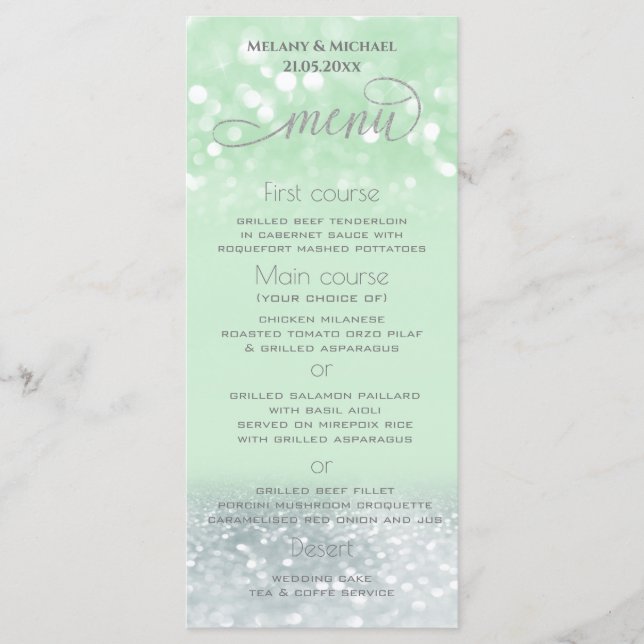 Menú Neo mint plata chic brillo caligrafía trendy (Anverso)