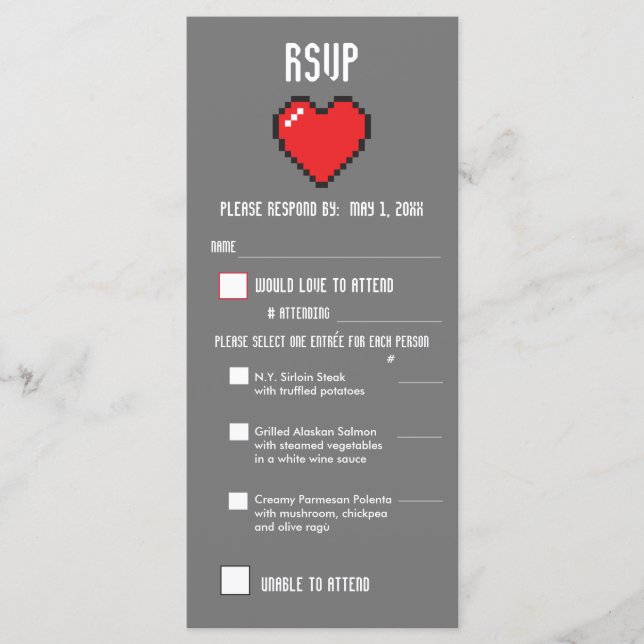 Menú Nerdy Novia de 8 bits y Groom RSVP (Anverso)
