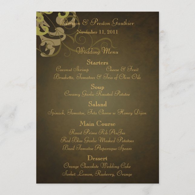 Menú noble de la boda de Brown de la voluta del (Anverso)