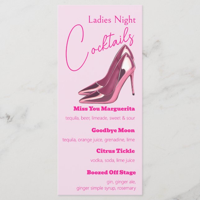 Menú Noche de Damas Cóctel con Tacones de Rosa (Anverso)