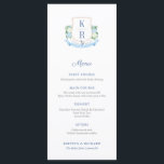 Menú Nombres de lugares individuales de monograma coste<br><div class="desc">Este elegante diseño de menú en blanco y azul presenta mis propios ilustraciones acuarelas (la bandera escudo y acuarela). Se muestra aquí para una cena Boda/ensayo.</div>