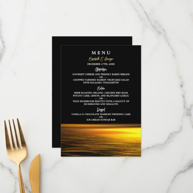 Menú Océano dorado, elegante boda playera (Anverso/Reverso In Situ)
