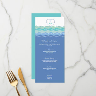 Menú Olas azules Loopy Love Heart Monograma Beach Weddi
