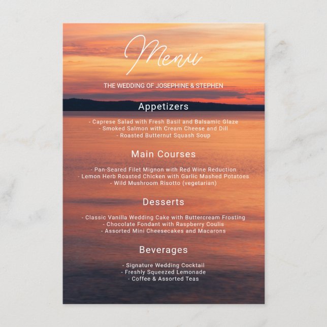 Menú Opciones de comida de boda con puesta de sol naran (Anverso)