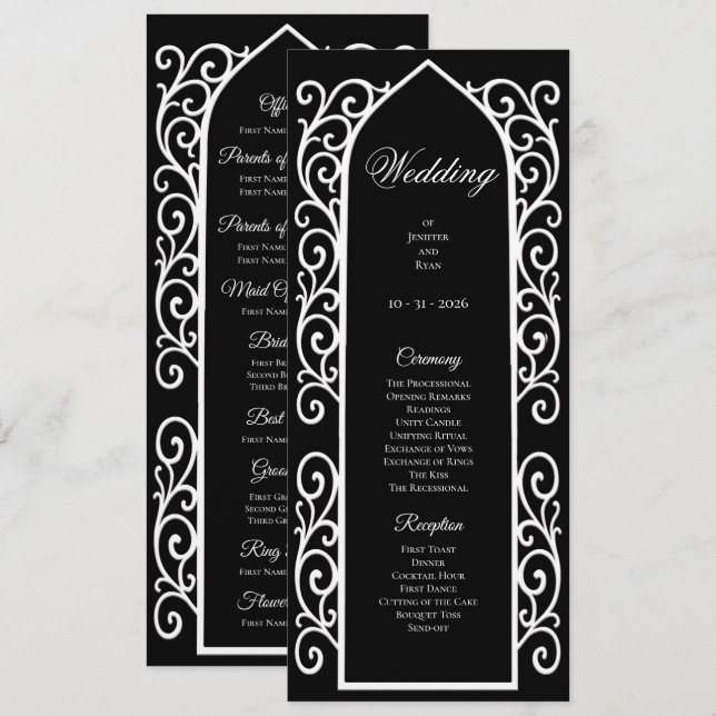 Menú Ornate black and white Gothic Wedding Program (Anverso / Reverso)