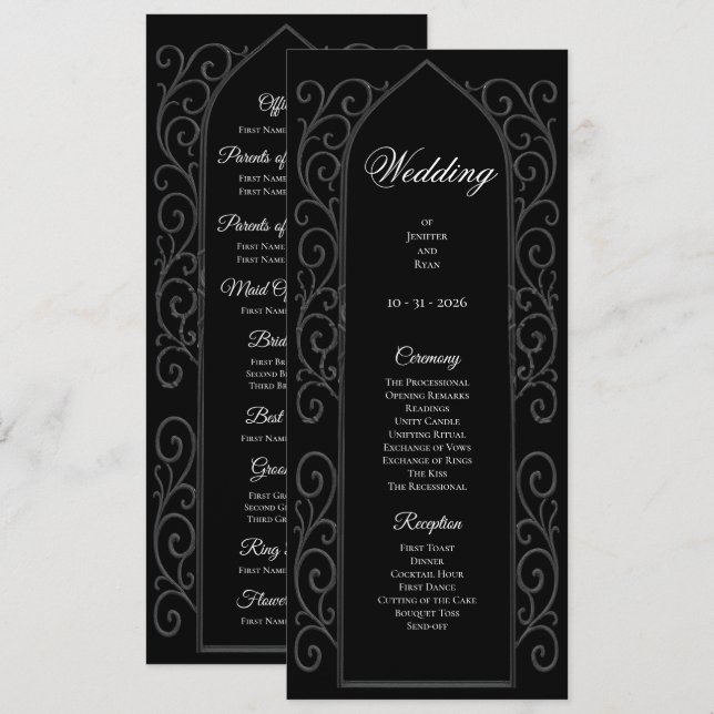 Menú Ornate black and white Gothic Wedding Program (Anverso / Reverso)