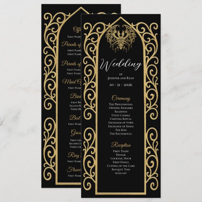 Menú Ornate Border black and gol Gothic Wedding Program (Anverso / Reverso)