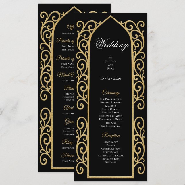 Menú Ornate Border black and gol Gothic Wedding Program (Anverso / Reverso)