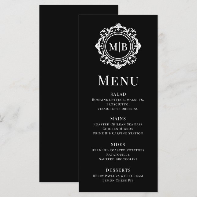 Menú Ornate Floral Monograma Boda Elegante Blanco Negro (Anverso / Reverso)