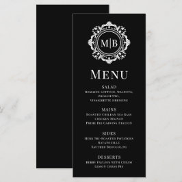 Menú Ornate Floral Monograma Boda Elegante Blanco Negro