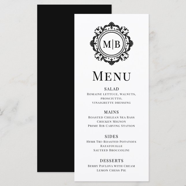 Menú Ornate Floral Monograma Boda Elegante Blanco Negro (Anverso / Reverso)