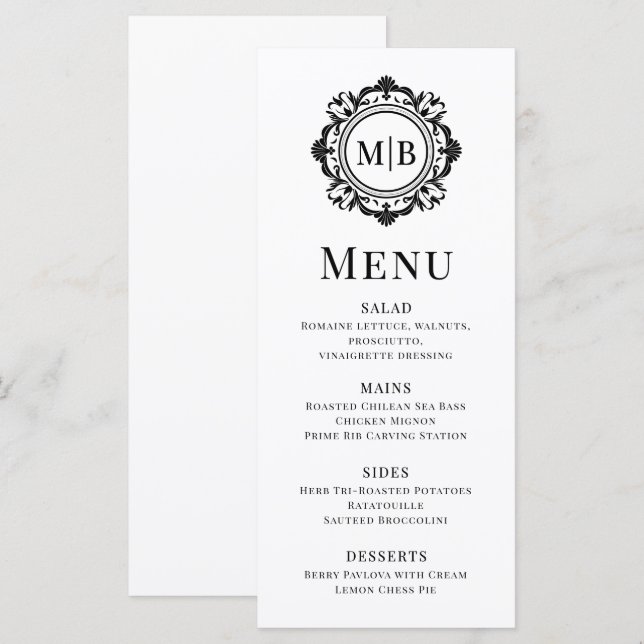 Menú Ornate Floral Monograma Boda Elegante Blanco Negro (Anverso / Reverso)