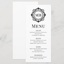 Menú Ornate Floral Monograma Boda Elegante Blanco Negro