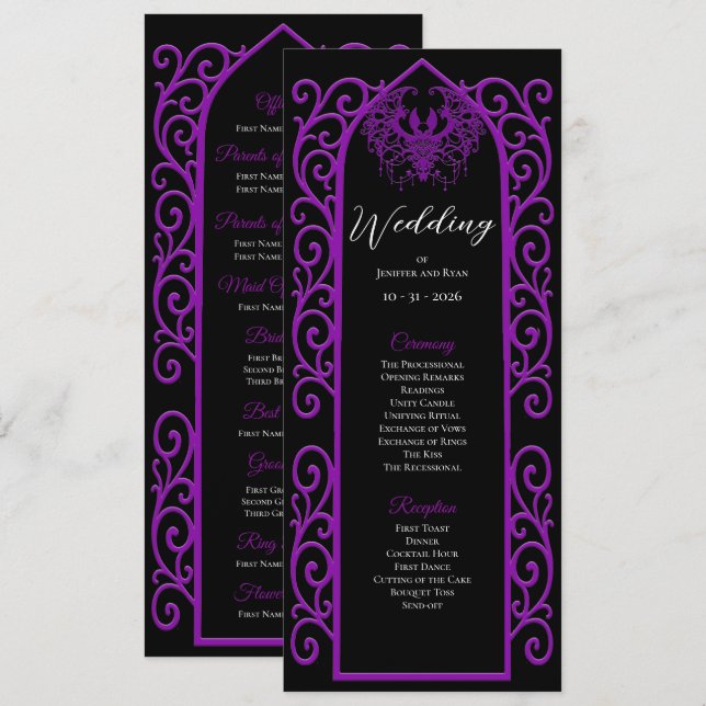 Menú Ornate purple border Gothic Wedding Program (Anverso / Reverso)