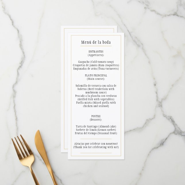 Menú oro Blanco Clásico Bilingüe Español e Inglés (Anverso/Reverso In Situ)
