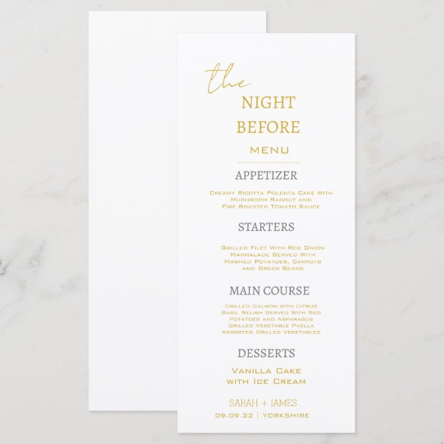 Menú Oro mínimo y blanco la noche antes del Boda (Anverso / Reverso)