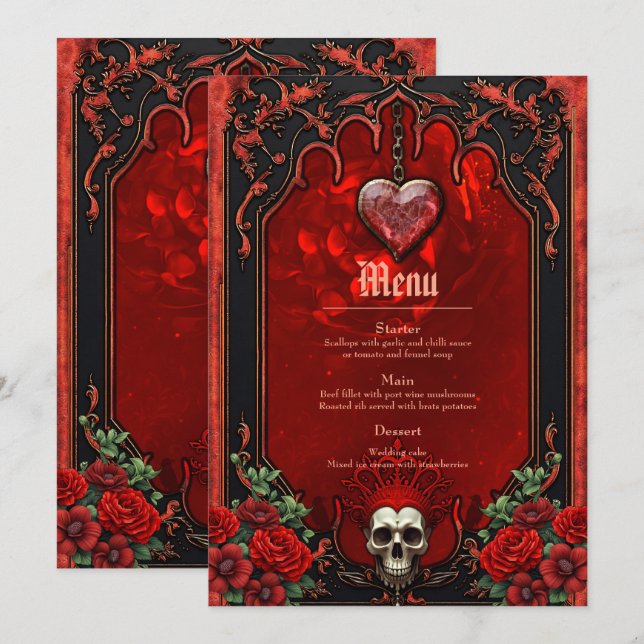 Menú Oscuridad real, corazón gótico y cráneo. (Anverso / Reverso)