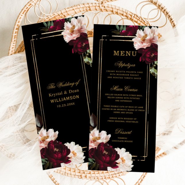 Menú Oscuro Moody Burgundy Rubor Boda floral negro (dark moody decadent realistic blush burgundy floral flowers gold geometric slim wedding menu cards)