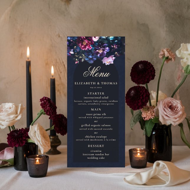 Menú Oscuro romántico Moody Florals Boda negro gótico (dark moody wedding menu purple black jewel tones dutch painting romantic gothic fall winter)