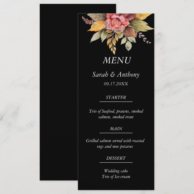 Menú Otoño Negro Otoño Floral Fall Wedding Food (Anverso / Reverso)
