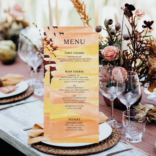 Menú Otoño Sale Naranja Boda de Swirl Amarillo (Autumn Leaves Orange Yellow Swirl Wedding Menu)