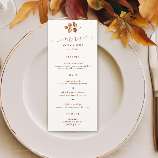 Menú Otoño Sale Terracotta Elegante Moda Boda Caída (autumn leaves fall wedding menu card watercolor terracotta elegant romantic calligraphy simple class)
