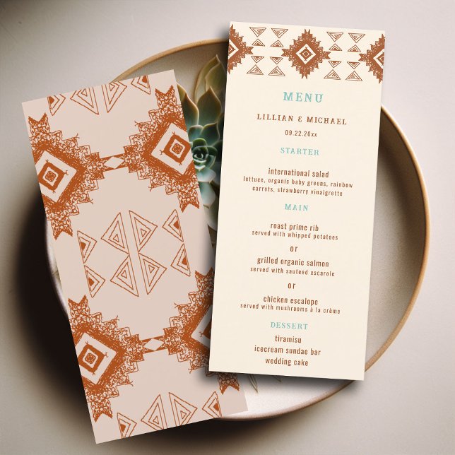 Menú País Cowboy Boda de Terracotta Desierto Occidental (cowboy country western desert wedding menu aztec pattern terracotta teal)