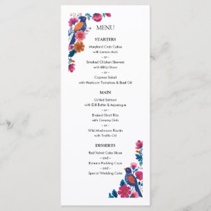 Menú Pájaros y Flores de Boda con Patrón Folclórico Sen
