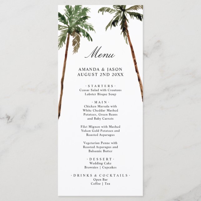 Menú Palm Tree Tropical Island Minimal Beach Wedding (Anverso)