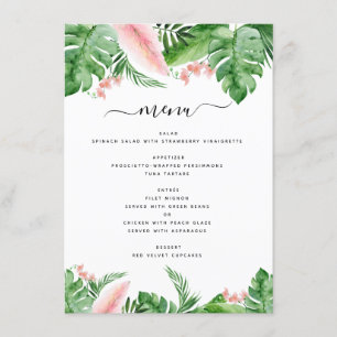 Menú Palm Tropical Floral Watercolor Luau Boda