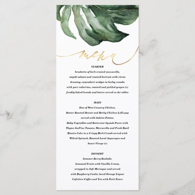 Menú Palmeras tropicales acuarelas + boda dorado (Anverso)