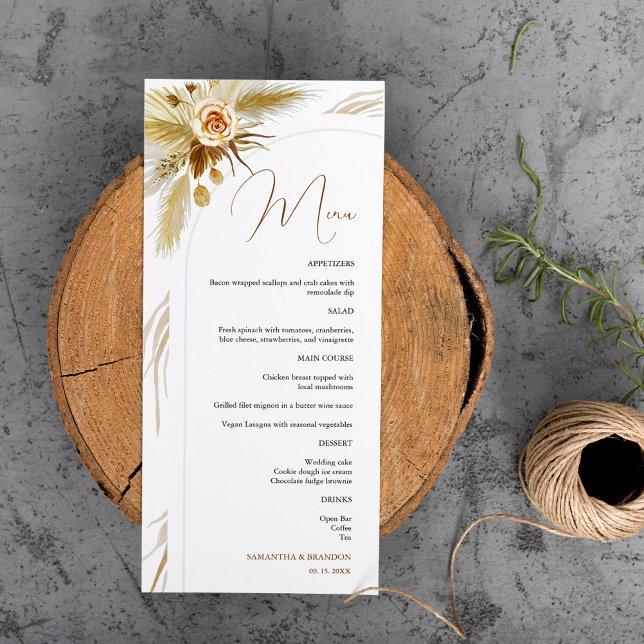 Menú Pampas boda de boho de acuarela tropical de pasto (Subido por el creador)