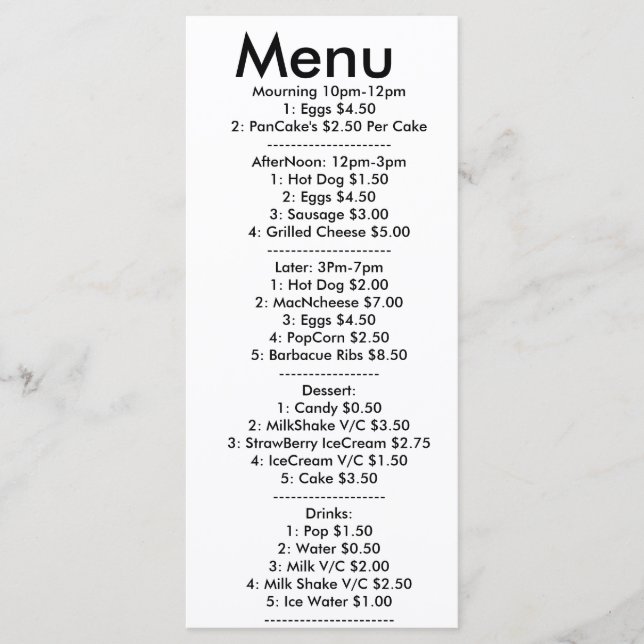 Menú para resturant (Anverso)