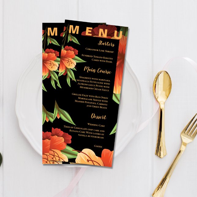 Menú Partido de Boda Floral de Naranja Moody (Watercolor Moody Orange Floral Wedding Party Menu)