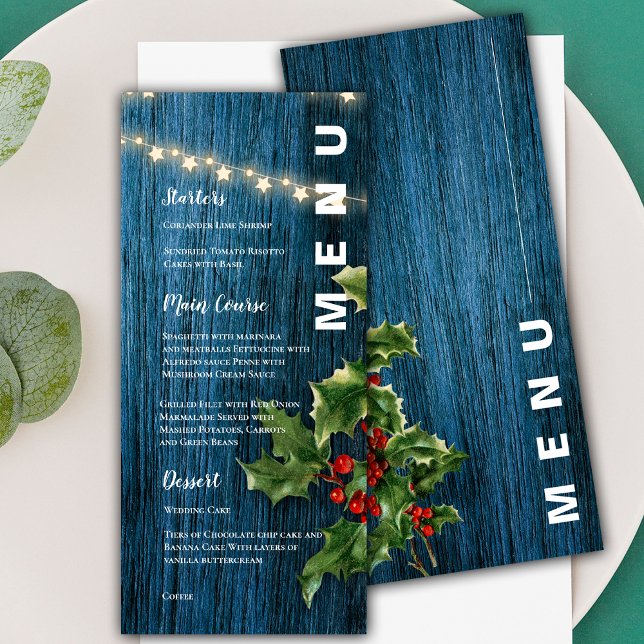 Menú Partido de Bodas de los Navidades de Blue Wood Red (Blue Wood Red Berries Christmas Wedding Party Menu)