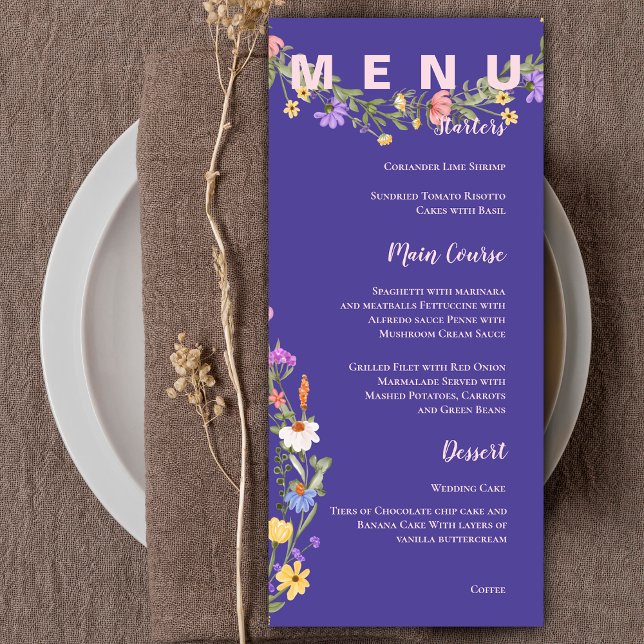 Menú Partido de la Boda de Flores Silvestres de Bonito  (Yellow Purple Pretty Wildflowers Wedding Party Menu)