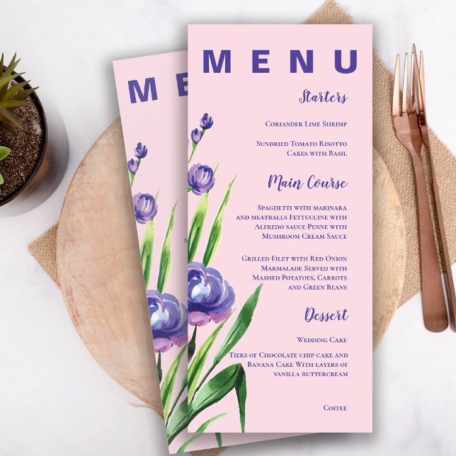 Menú Partido de la Boda Floral Azul de Bonito Rosa de R (Blush Pink Pretty Blue Floral Wedding Party Menu)