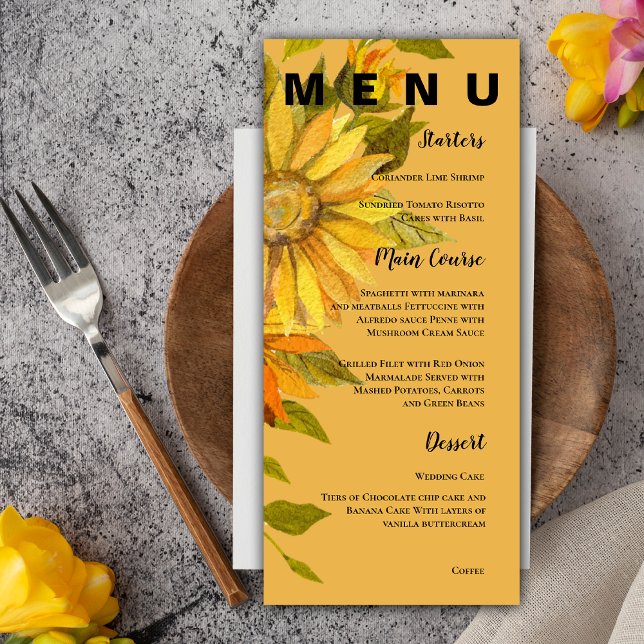 Menú Partido de la Boda Floral de Bonito de Girasol Ama (Yellow Sunflower Pretty Floral Wedding Party Menu)
