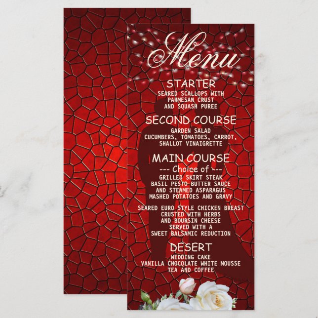 Menú Partido de la Boda Floral Rojo Moderno Cena Elegan (Anverso / Reverso)